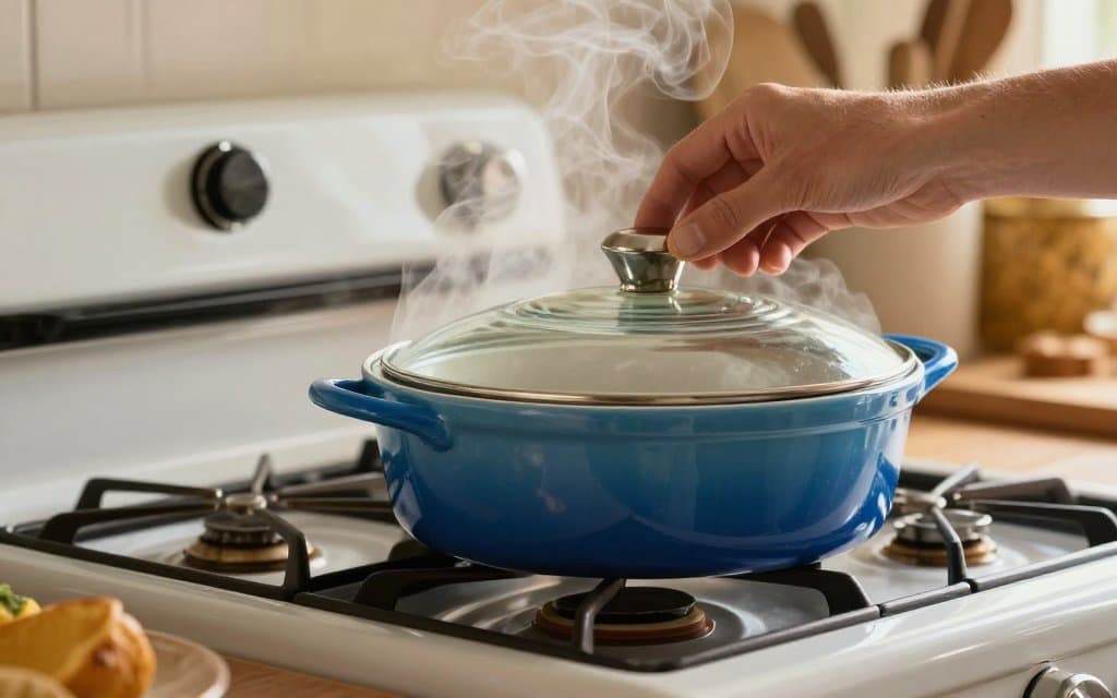 Vintage Corningware Blue Cornflower casserole in use on a mid century kitchen stove