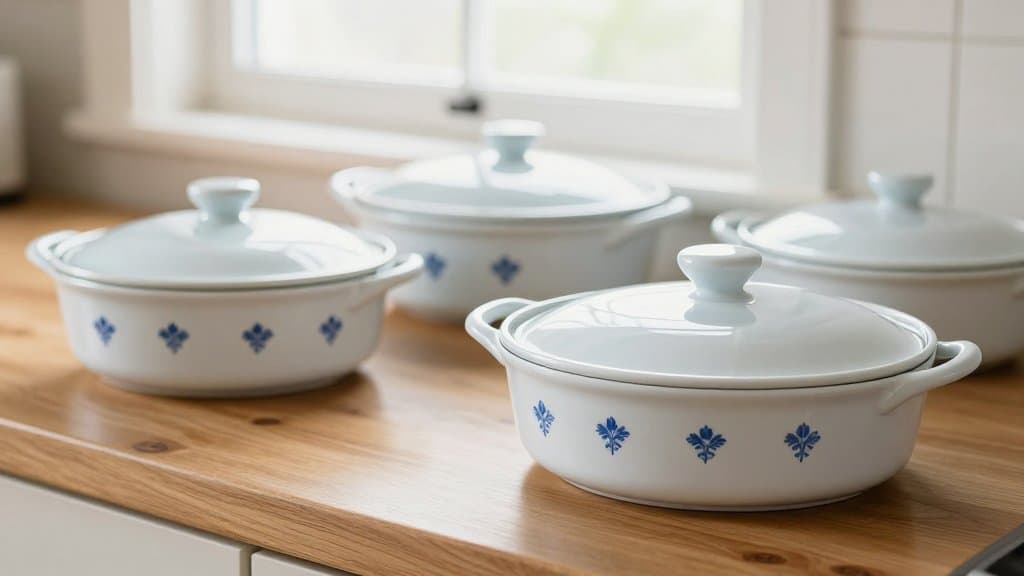 Vintage Corningware Blue Cornflower casserole dishes with glass lids on a wooden kitchen counter