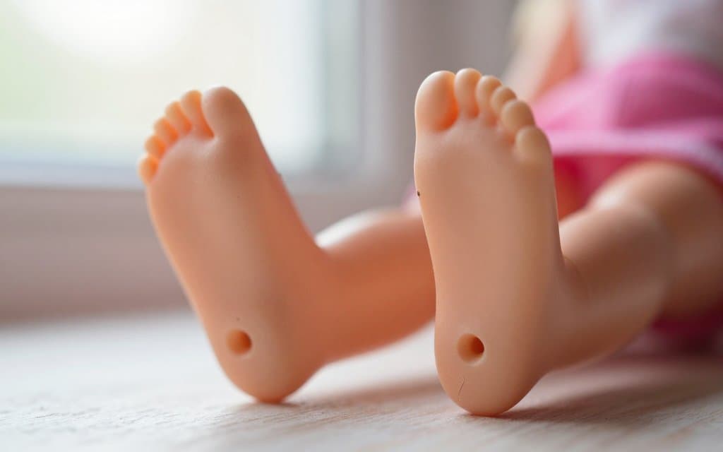 Macro of 1959 ponytail Barbie foot holes used to identify the most valuable Barbie dolls