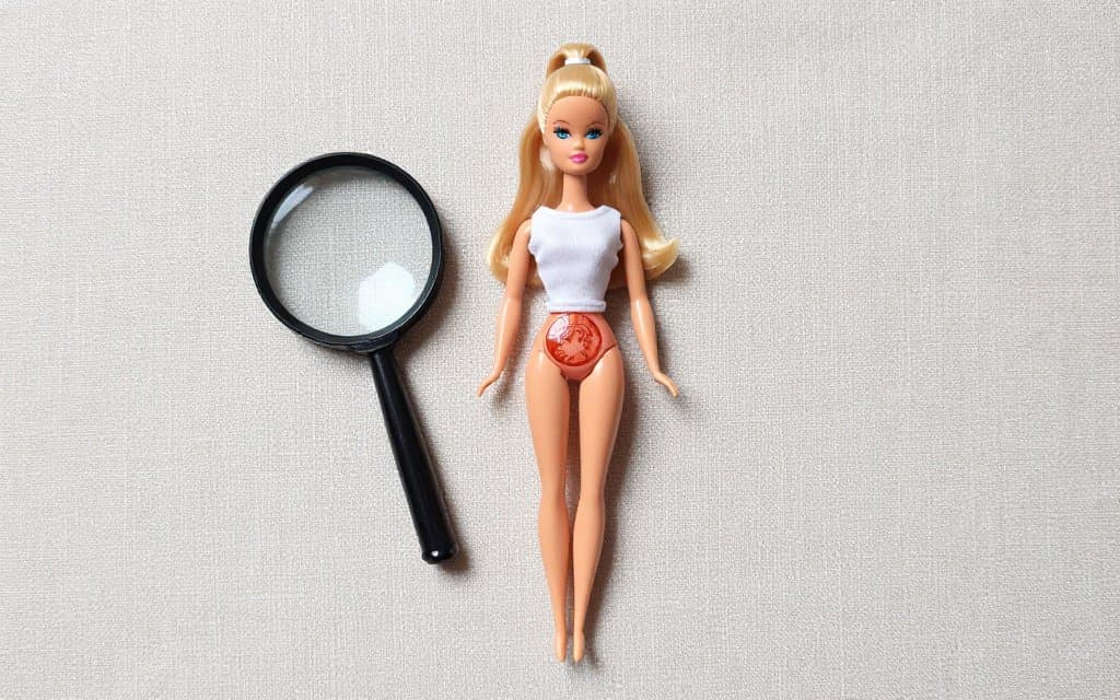 Hip stamp used for vintage barbie dolls dating and identification, seen top down