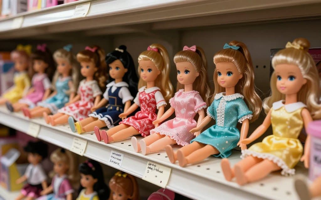 Old barbie dolls priced on a thrift store shelf waiting to be flipped for profit