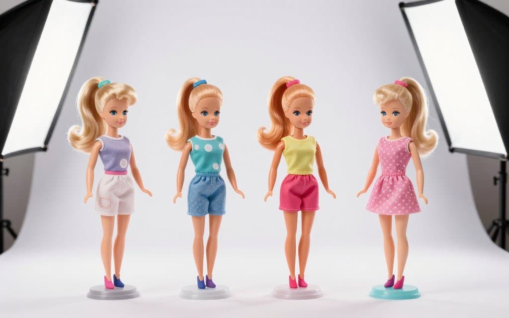 Comparison of collectible Barbie dolls from ponytail to bubble cut styles side by side