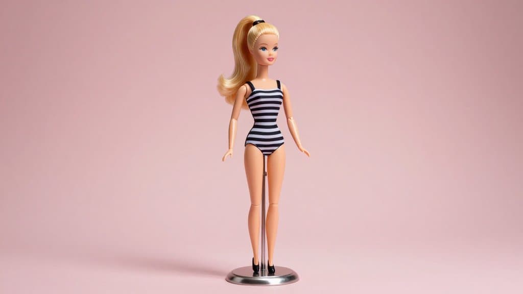 A 1959 ponytail Barbie, one of the most valuable Barbie dolls, posed on her pedestal stand