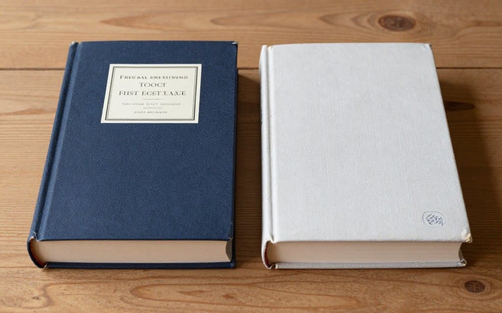 A true first edition next to a book club edition, showing the dust jacket and blind stamp differences.