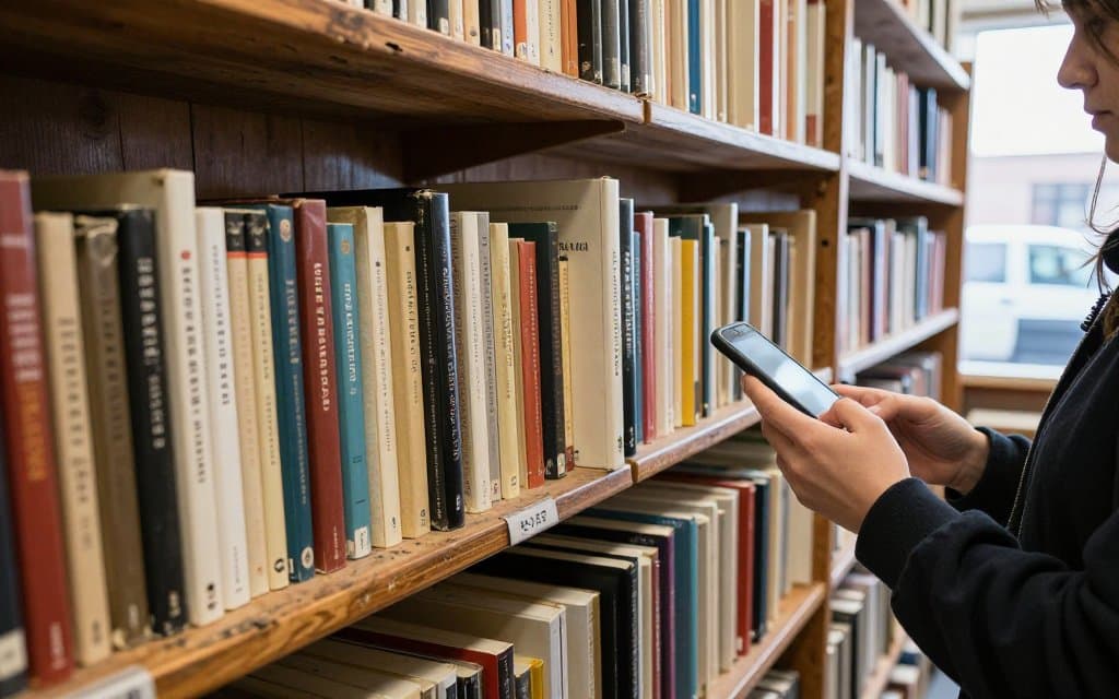 A thrifter checking a hardcover in the aisle, learning how to identify first edition books fast.