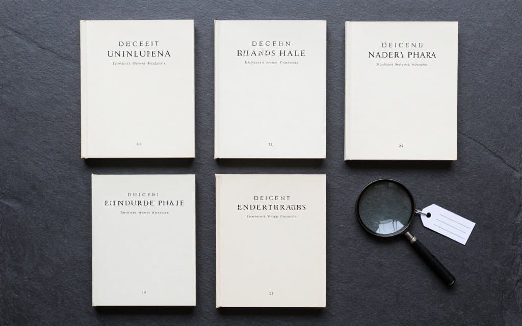 Top-down flat lay of collectible first edition books with dust jackets and a magnifying glass.