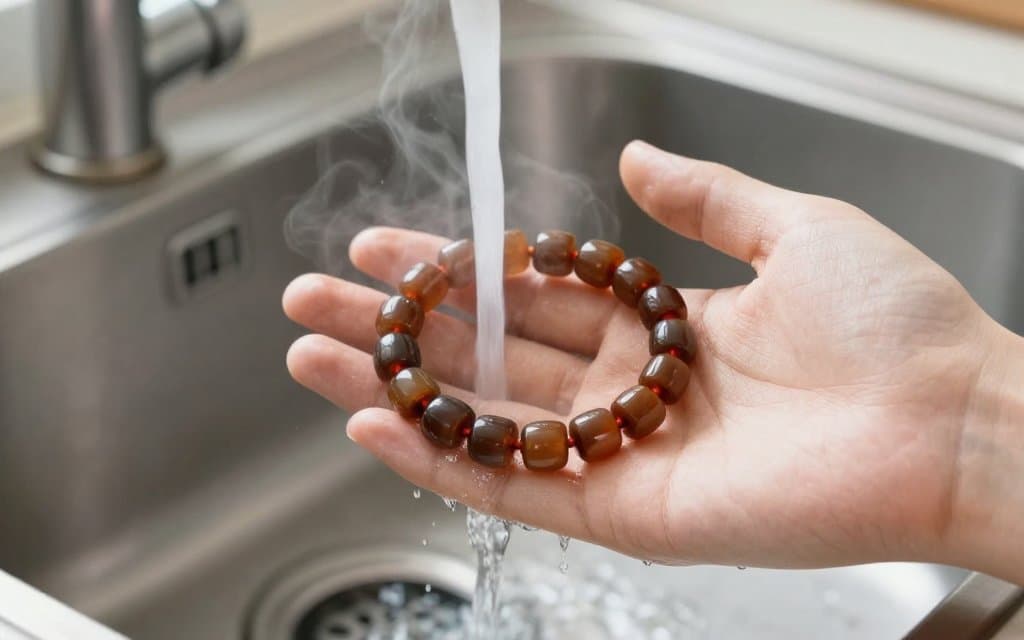 Hand testing a bakelite bracelet under hot running water to check for the phenol smell.