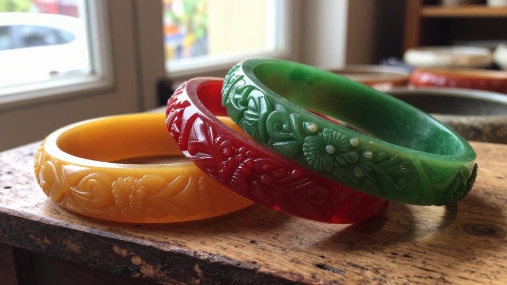Colorful carved vintage bakelite jewelry bangles in butterscotch and cherry red on a wooden thrift store surface.