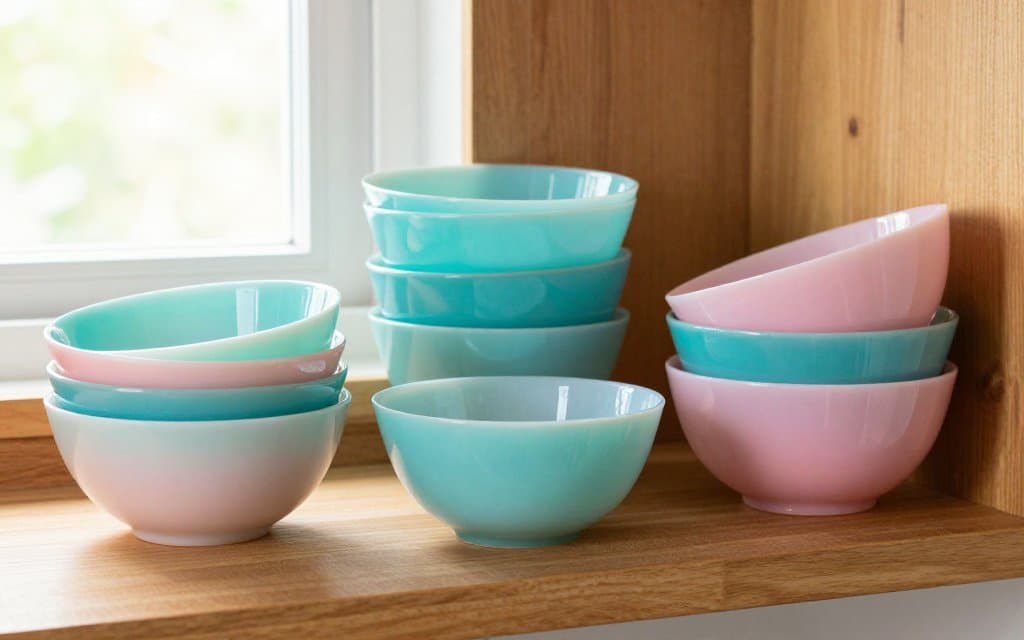 Colorful vintage Pyrex bowls nested on a kitchen shelf in warm light