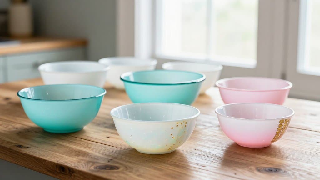 Rare vintage Pyrex bowls in turquoise, pink, and gold arranged on a kitchen table
