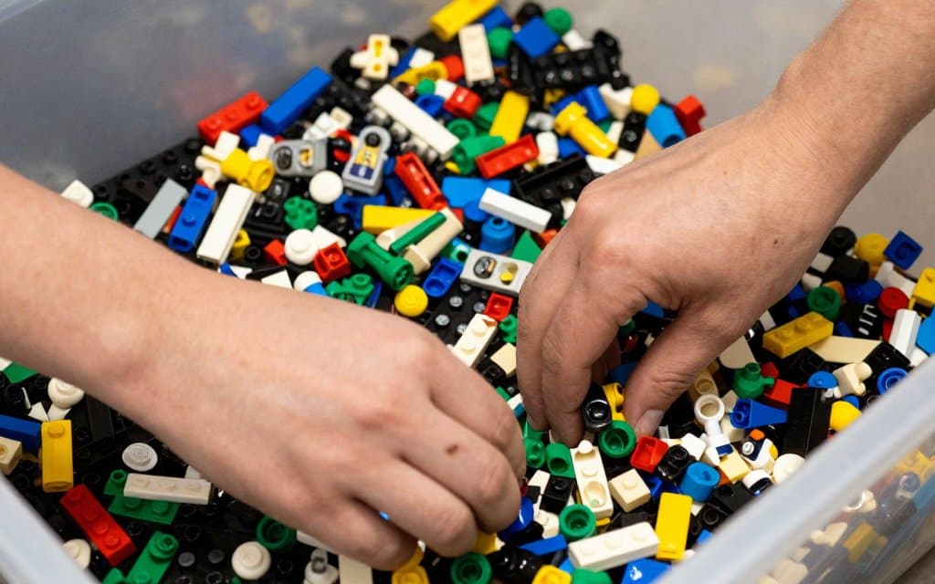 Hands digging through a thrift store bin of loose Lego searching for valuable Lego minifigures