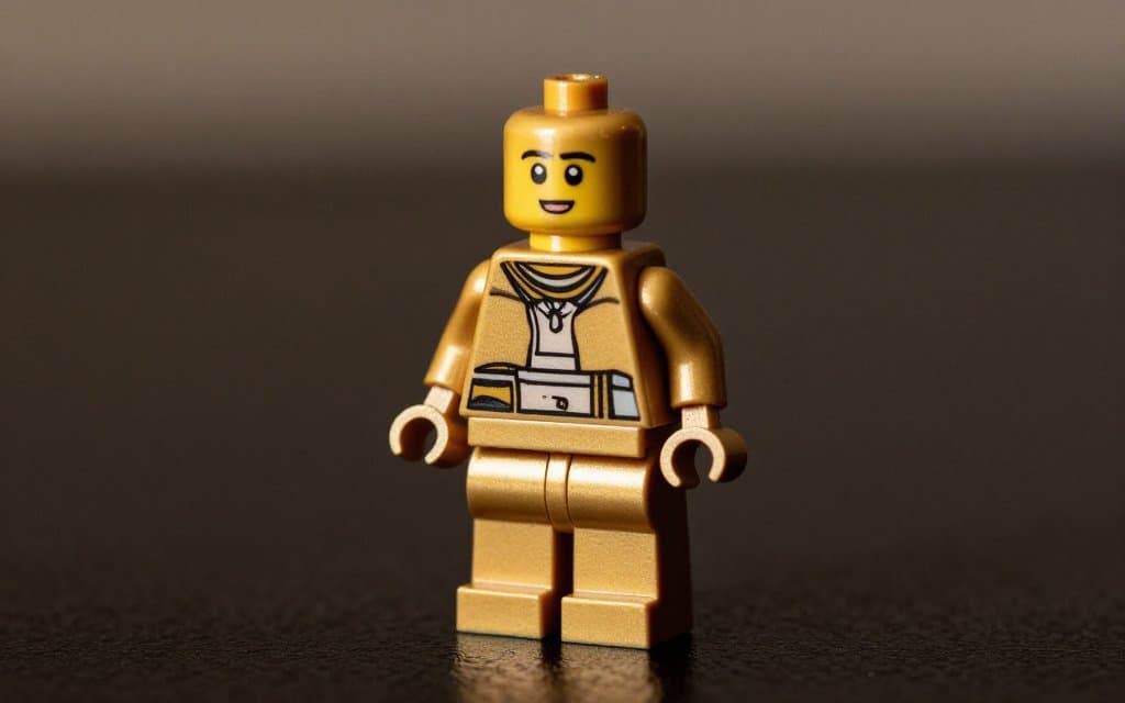 Macro photo of a rare gold Lego figure, among the most valuable Lego minifigures