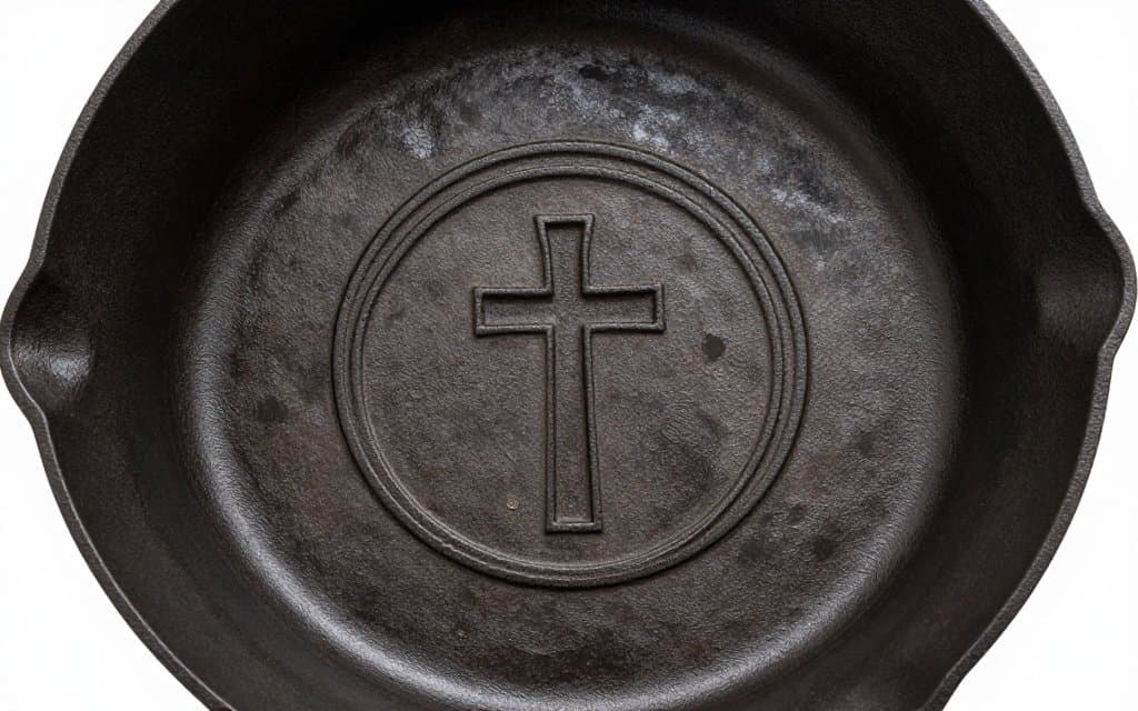 Top down view of a Griswold cross logo on a vintage cast iron skillet base