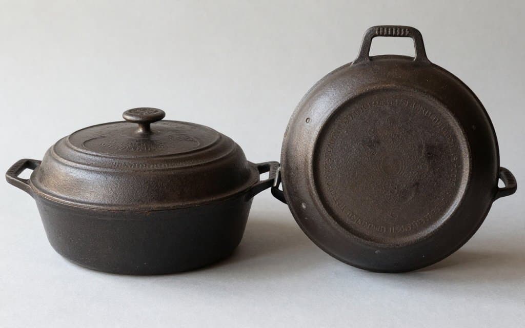 Two antique cast iron pans compared side by side showing Wagner and Griswold marks