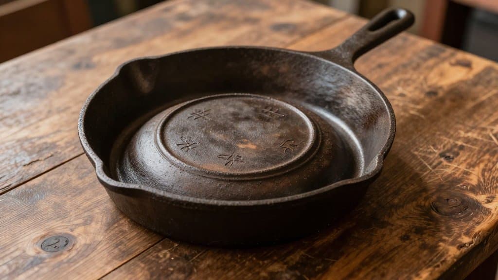 Underside of a gate mark cast iron skillet on a wooden table showing the casting seam