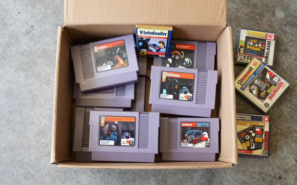 Top down view of loose cartridges in a bin, the kind that can hide rare NES games.