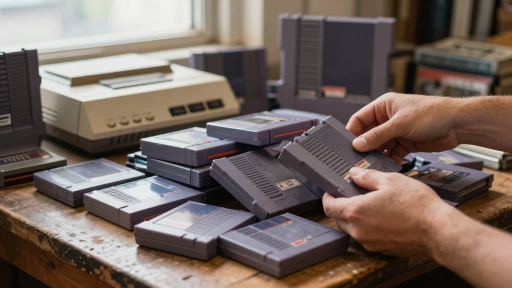 Hands sorting gray cartridges on a thrift store table while hunting for the most valuable NES games.