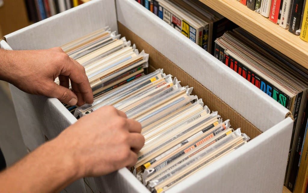 Hands sorting a longbox of bagged comics while hunting for valuable comic books