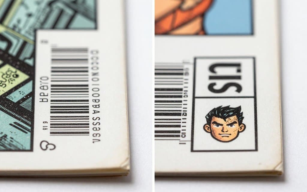 Comparison macro of a newsstand barcode next to a direct edition price box