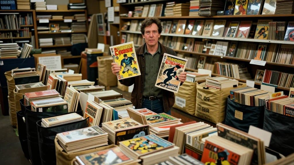 A thrifter holding up a vintage comic pulled from a box of valuable comic books