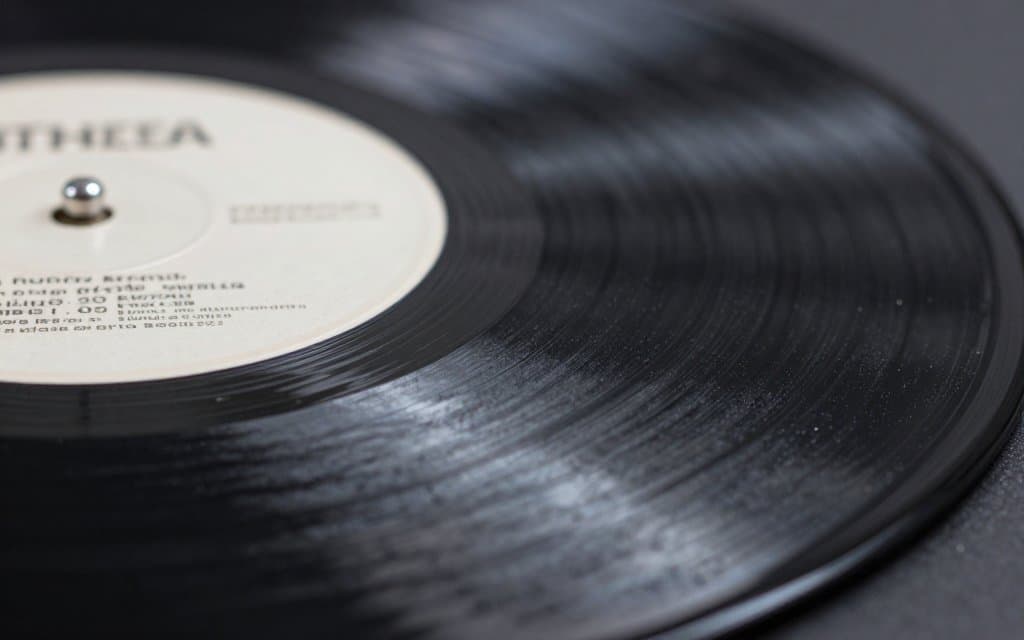 Macro view of matrix numbers etched in the dead wax of a vinyl record