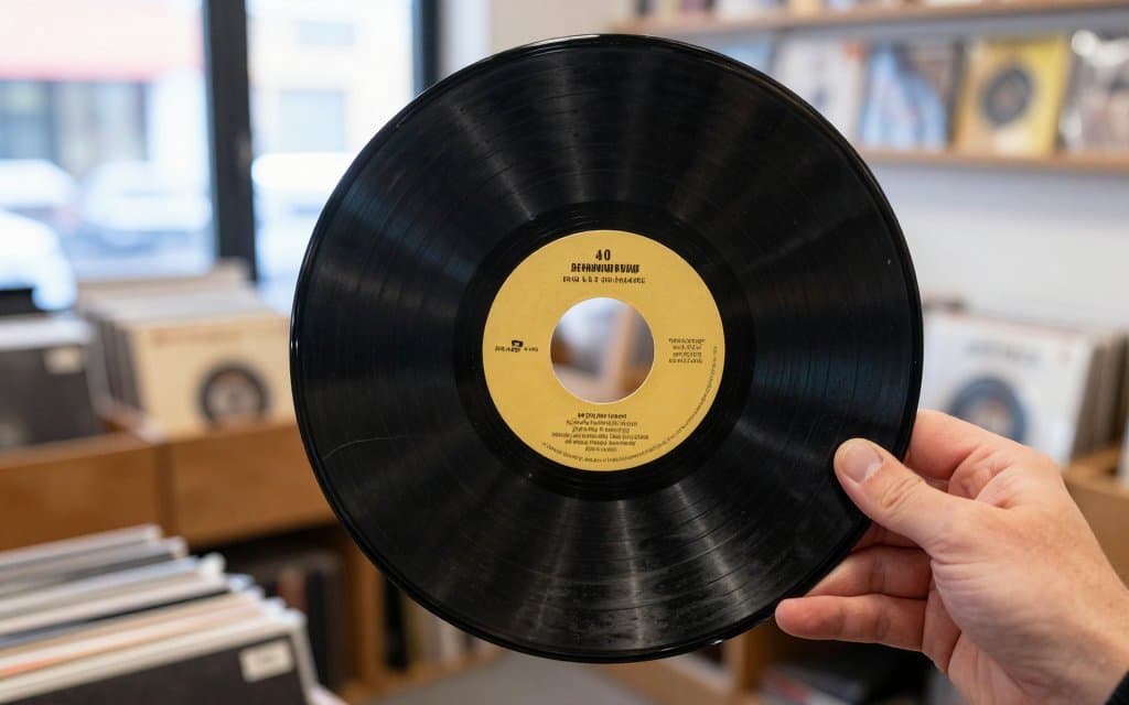 Hand inspecting a rare 45 record single under angled light in a record shop