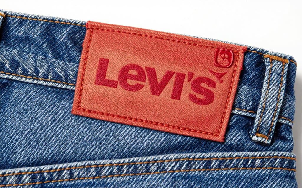 Macro of a Big E Levi red tab reading LEVI'S in all capital letters on denim