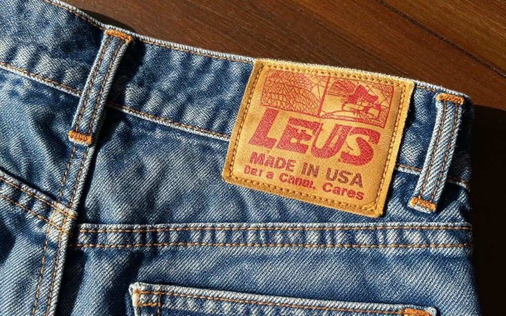 Close up of the leather back patch and Made in USA label inside vintage Levis jeans