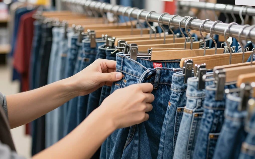 Shopper checking the red tab on denim at a thrift store rack of vintage Levis