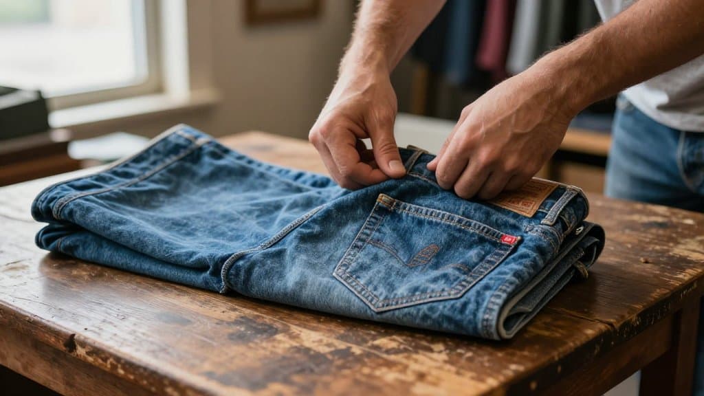 Hands turning out the red tab and waistband of vintage Levis jeans on a thrift store table