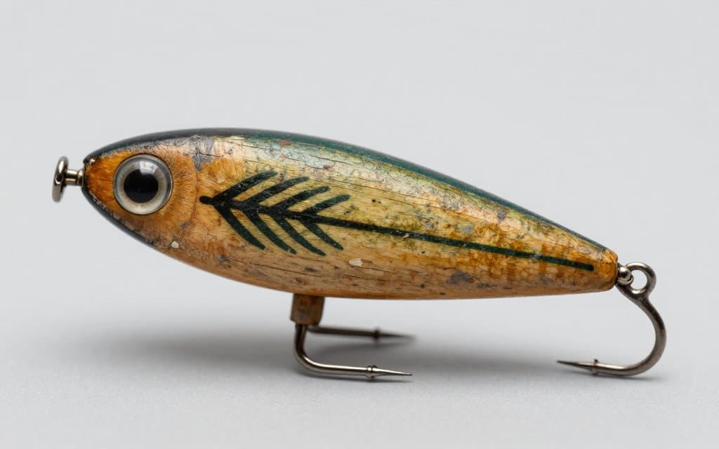 Macro view of a vintage fishing lure glass eye and hand painted wooden body