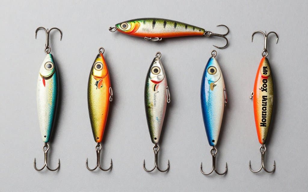 Comparison flat lay of old wood fishing lures from top American makers