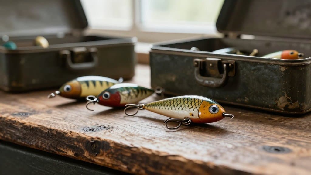 Old wood fishing lures with glass eyes laid out on weathered wood beside a vintage tackle box