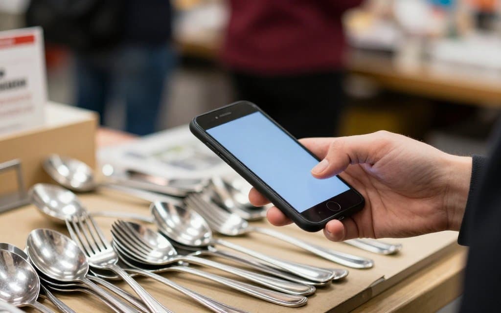 Shopper using a phone to check sterling silverware value on a pile of forks at a thrift store table