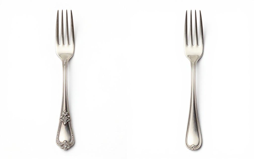 Comparison of an ornate sterling silver flatware pattern beside a plain pattern, showing why pattern drives price