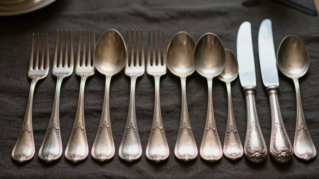 Antique sterling silver flatware set fanned out on dark linen, the kind of set whose sterling silverware value depends on marks and weight
