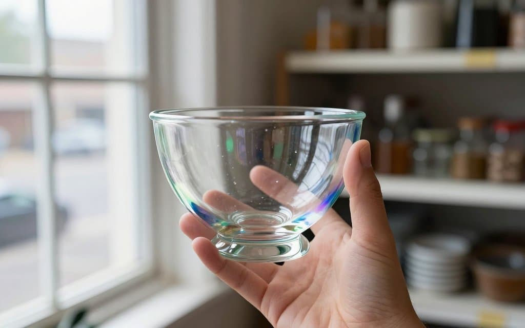 Holding an iridescent bowl up to a bright window to read its clear base color