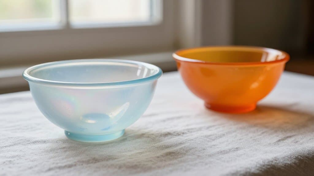A rare ice blue bowl beside a common marigold bowl, both showing rainbow iridescence