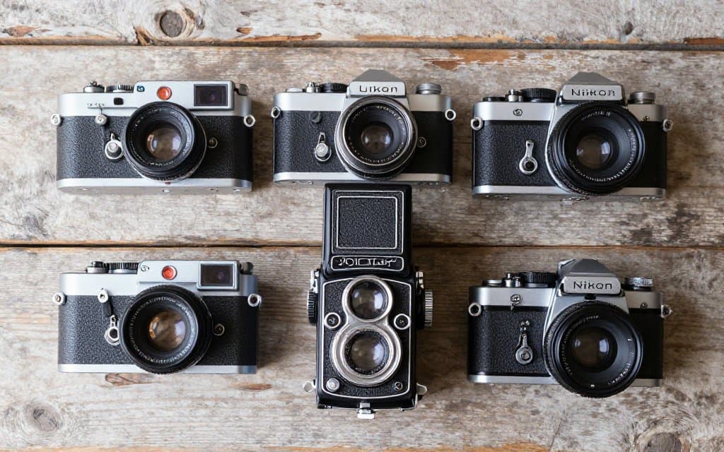 Top down flat lay of vintage cameras including a Leica and a Rolleiflex