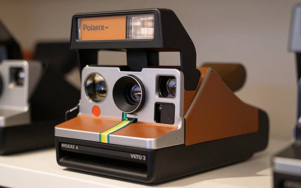 Close up of a vintage Polaroid instant camera on a thrift shelf