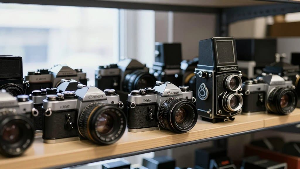 A Canon AE 1 vintage camera and other old film cameras on a thrift store shelf
