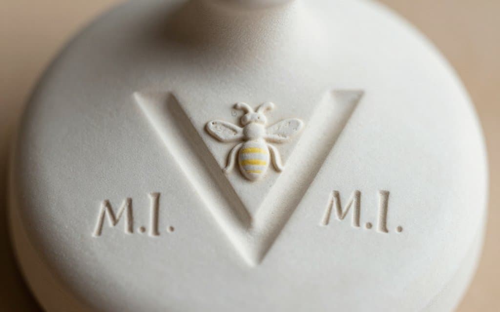 Macro of the trademark bee mark and mold number on a Hummel figurine base