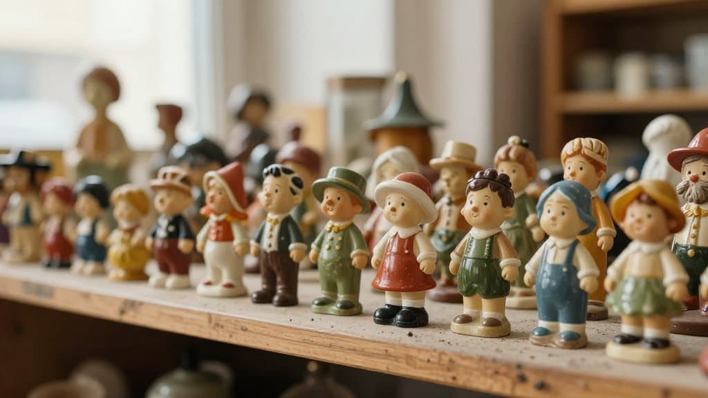 Vintage Hummel figurines lined up on a thrift store shelf under warm light