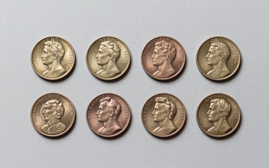 Top down row of six vintage wheat pennies of different dates for comparing rare wheat pennies.