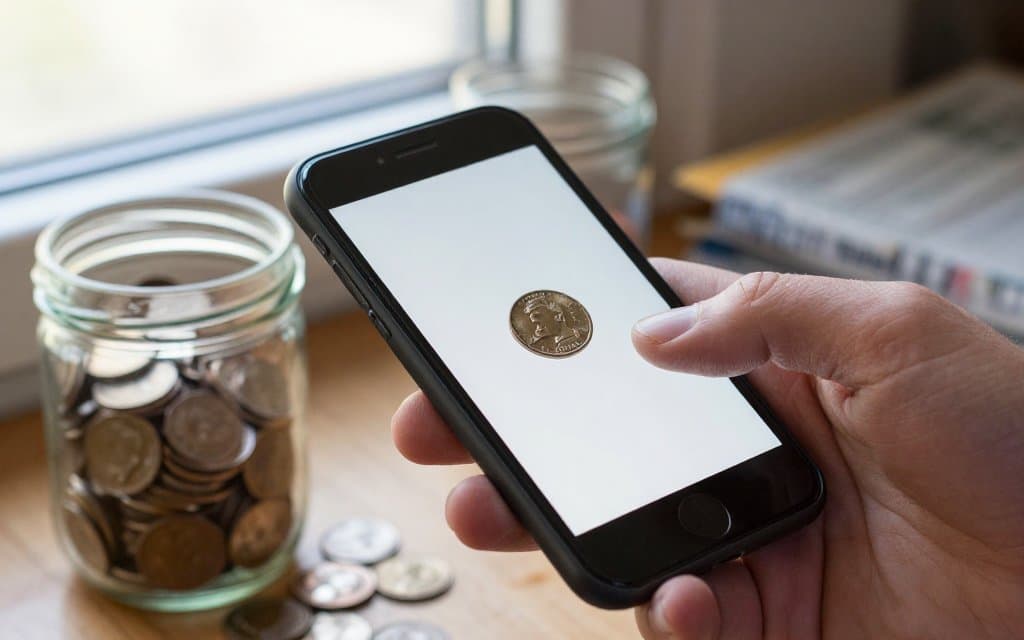 A phone scanning a wheat penny over a coin jar to check the wheat penny value before buying.