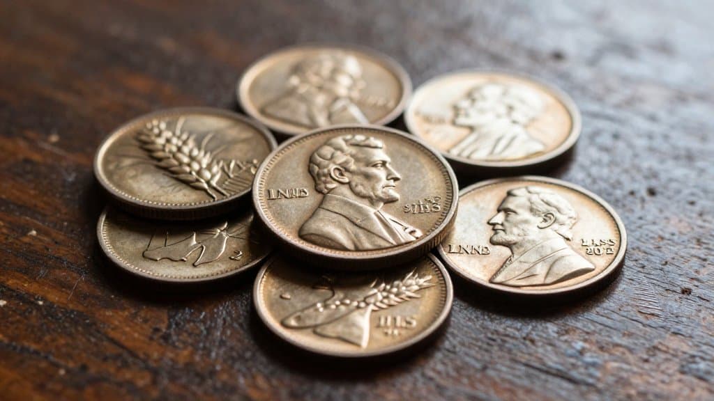 Close up of vintage Lincoln wheat pennies on dark wood, the detail that decides wheat penny value.