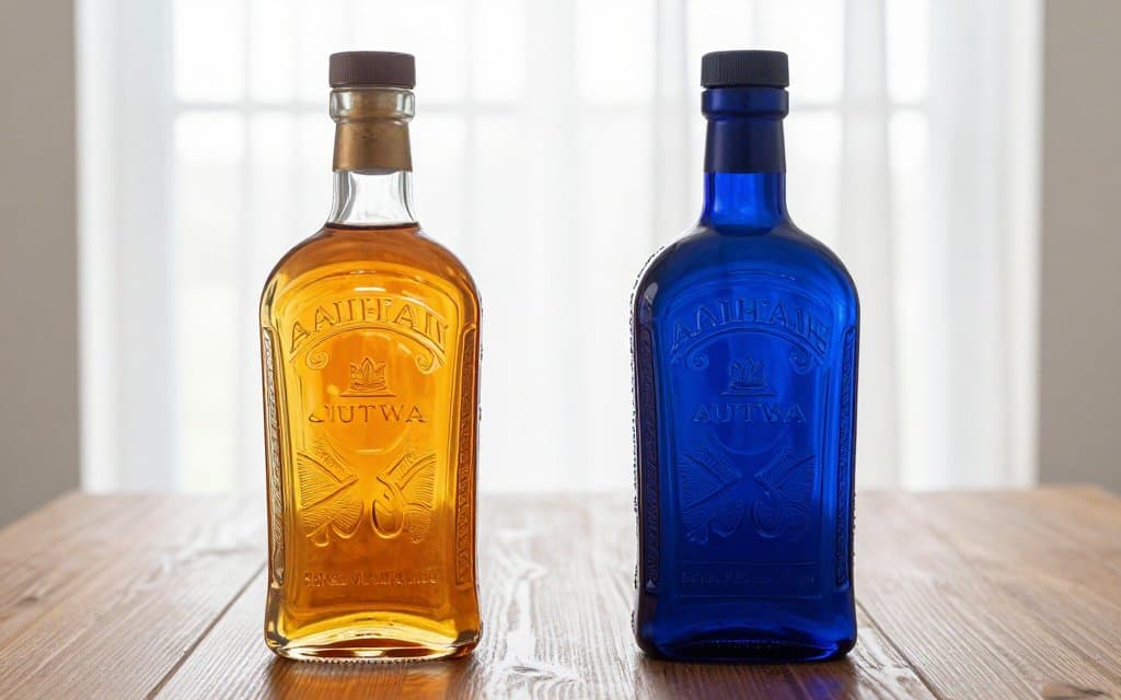 Comparison of a common amber and a rare cobalt antique glass liquor bottles