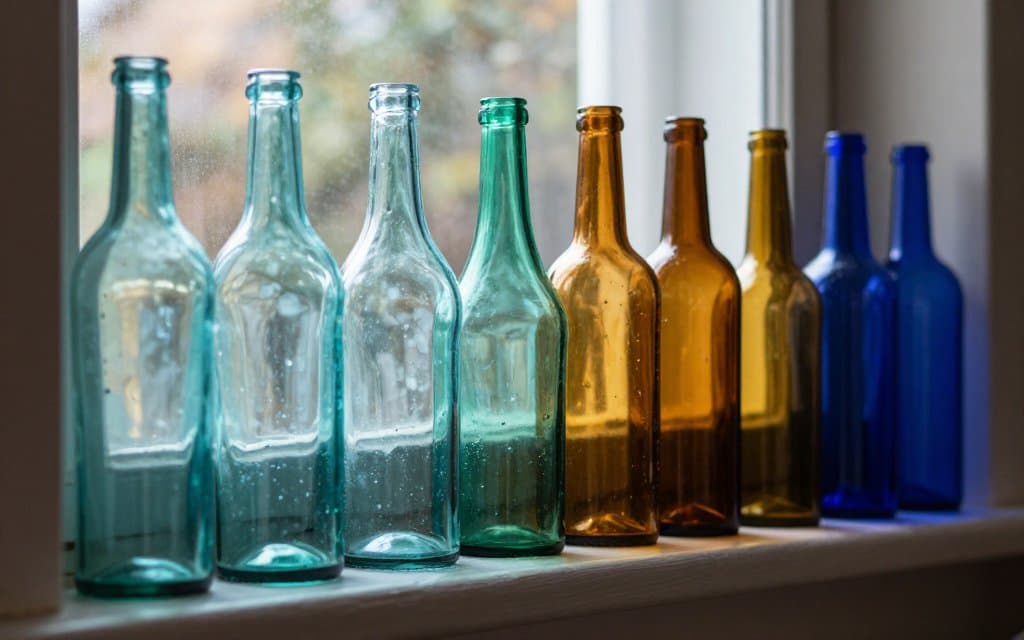 Antique glass bottles in aqua, teal, amber and cobalt backlit to show color value