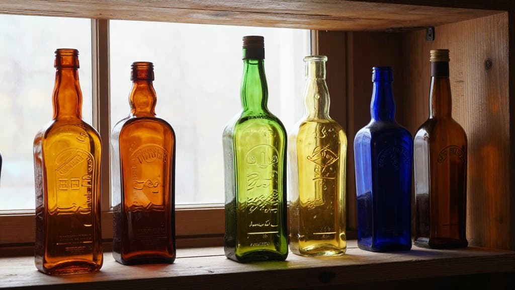 Row of embossed antique glass liquor bottles in amber, cobalt and yellow-green on a shelf