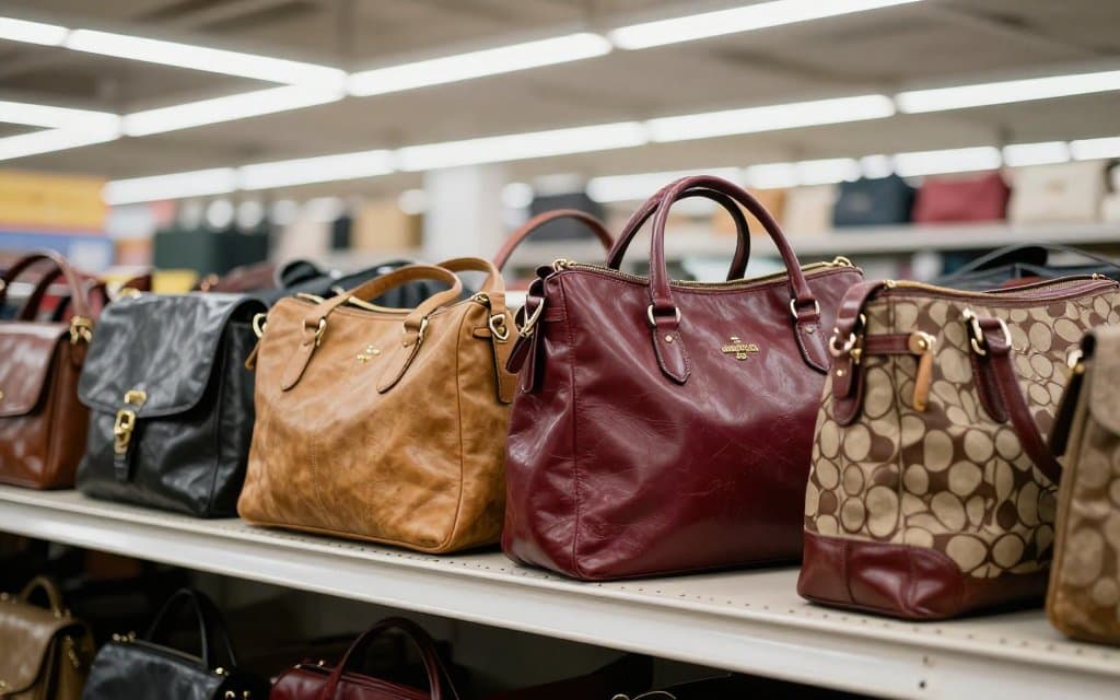 Vintage Coach leather bags lined up on a thrift store shelf ready to check